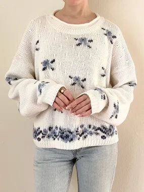 80s 90s White and Blue Floral Knit Sweater (M)