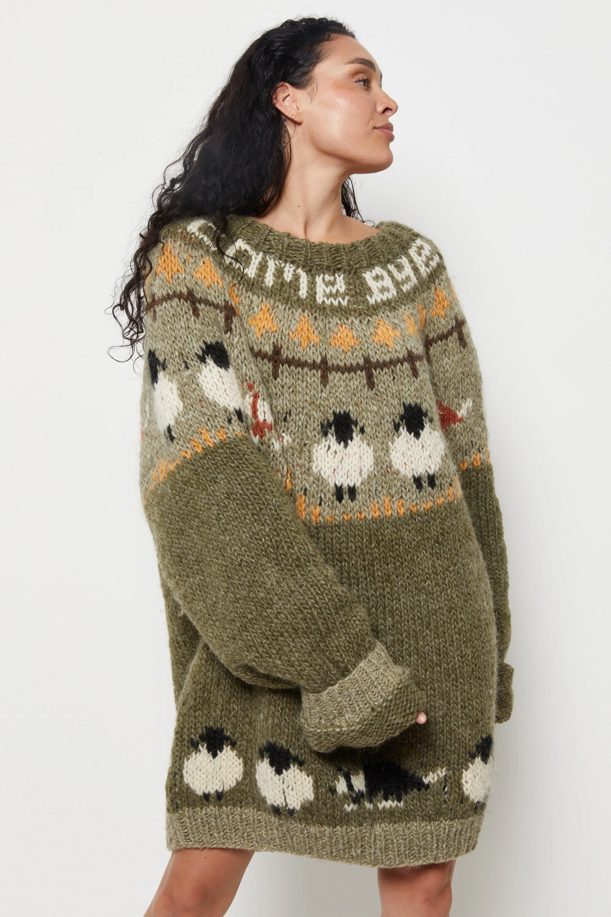 90s Olive Hand Knit Sheep Sweater XL