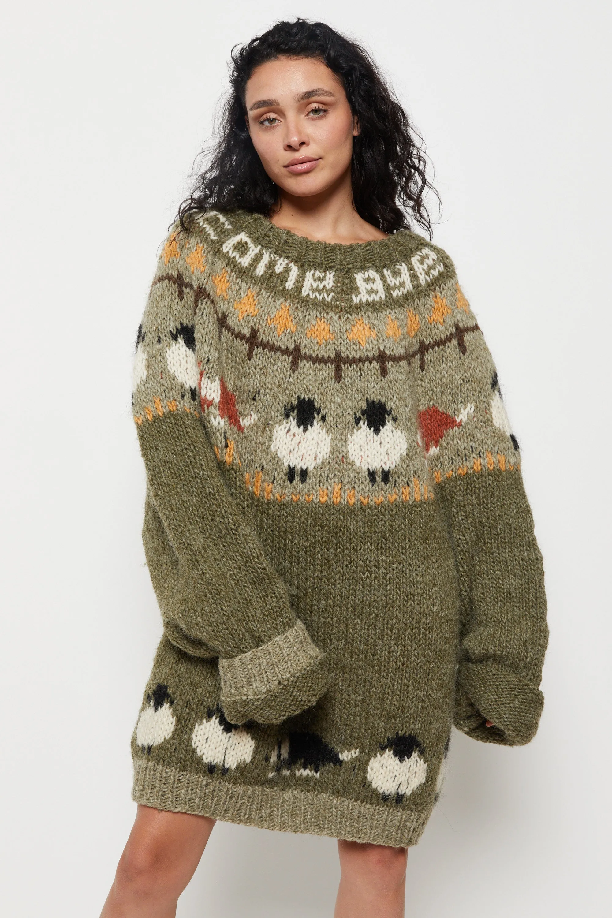 90s Olive Hand Knit Sheep Sweater XL
