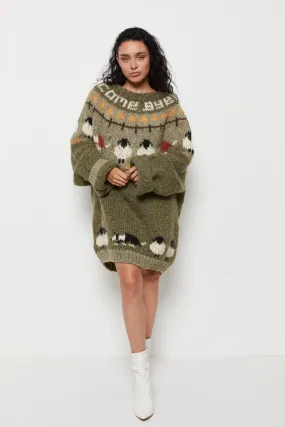 90s Olive Hand Knit Sheep Sweater XL