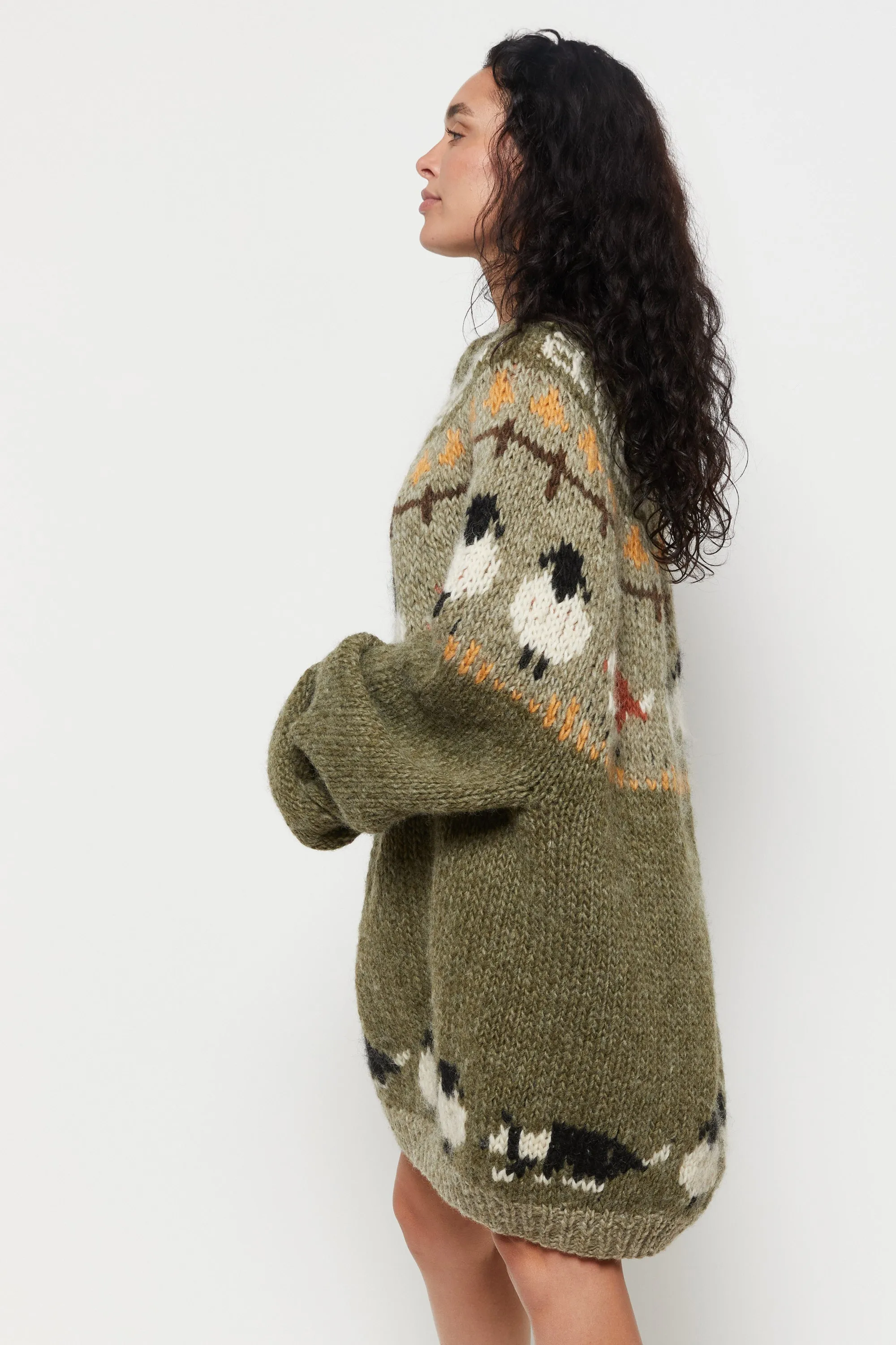 90s Olive Hand Knit Sheep Sweater XL