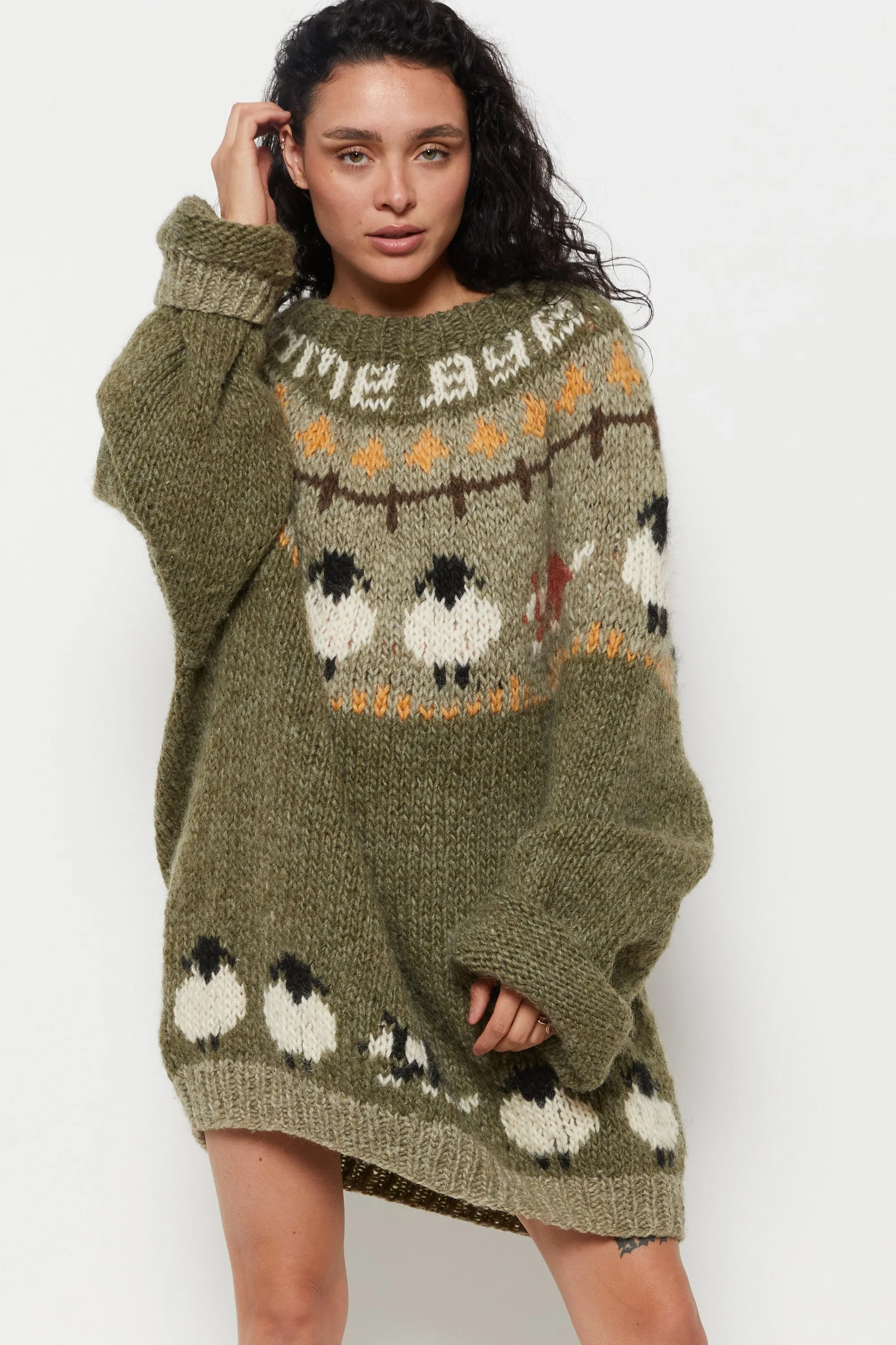 90s Olive Hand Knit Sheep Sweater XL