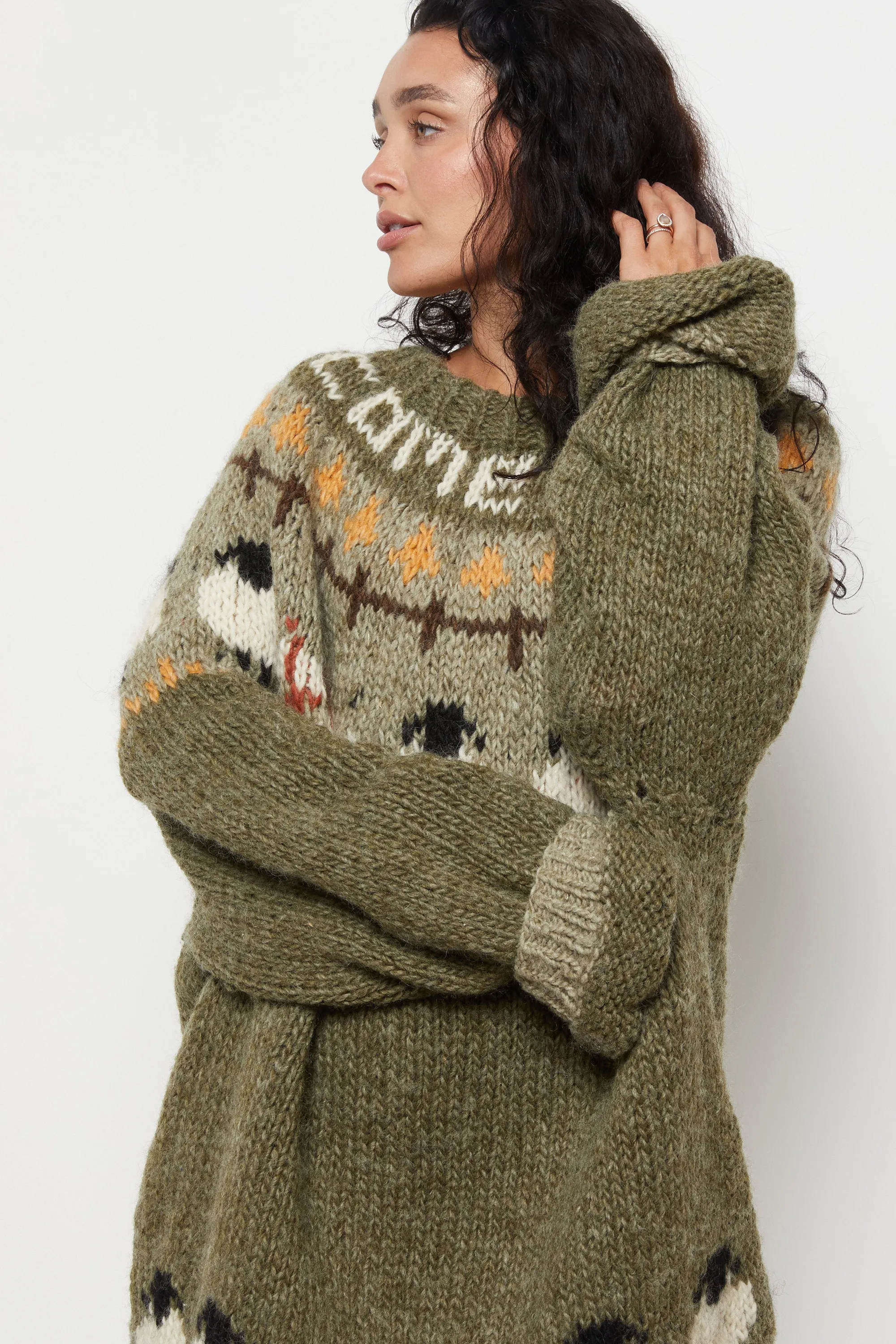 90s Olive Hand Knit Sheep Sweater XL