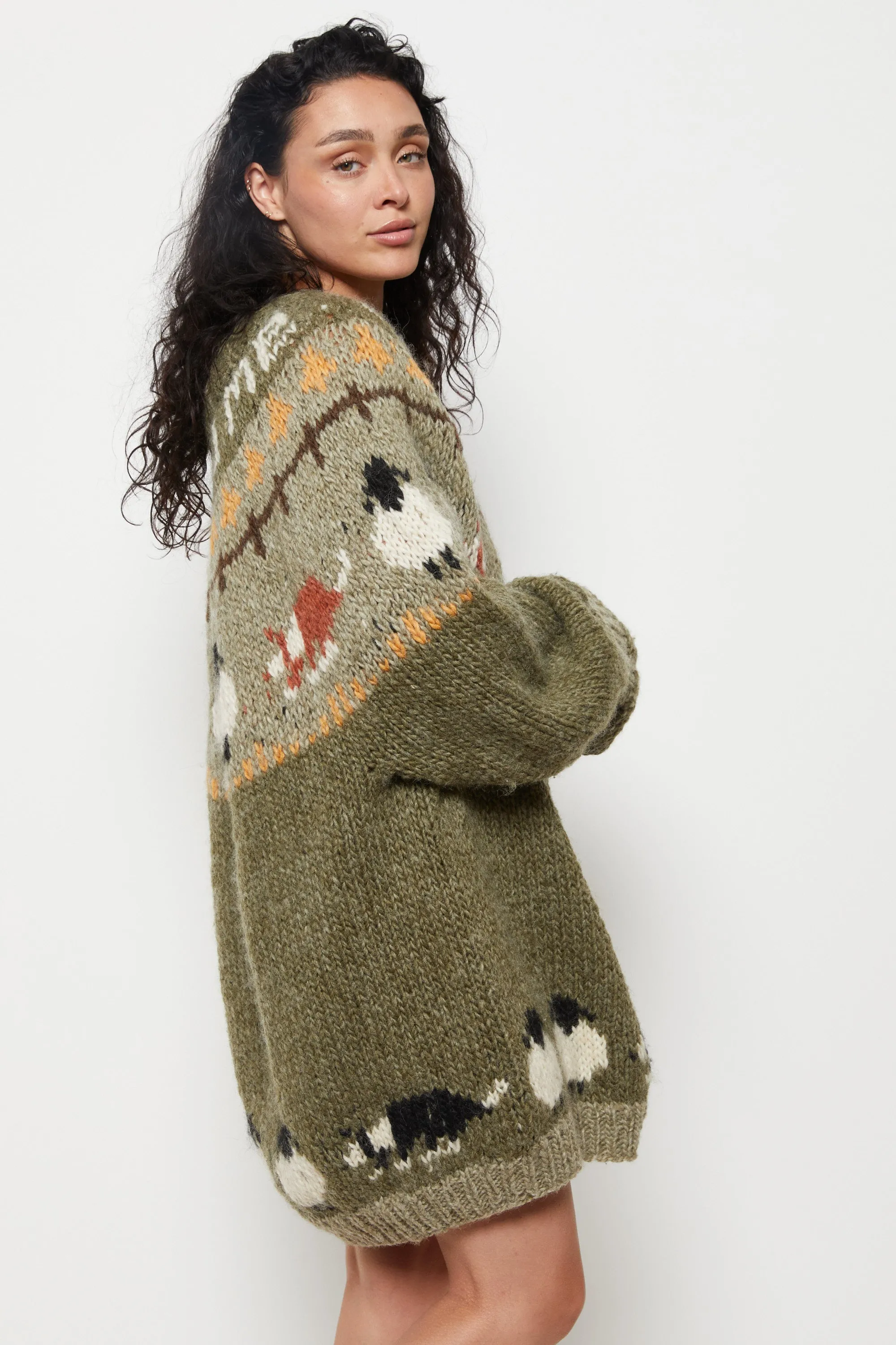 90s Olive Hand Knit Sheep Sweater XL