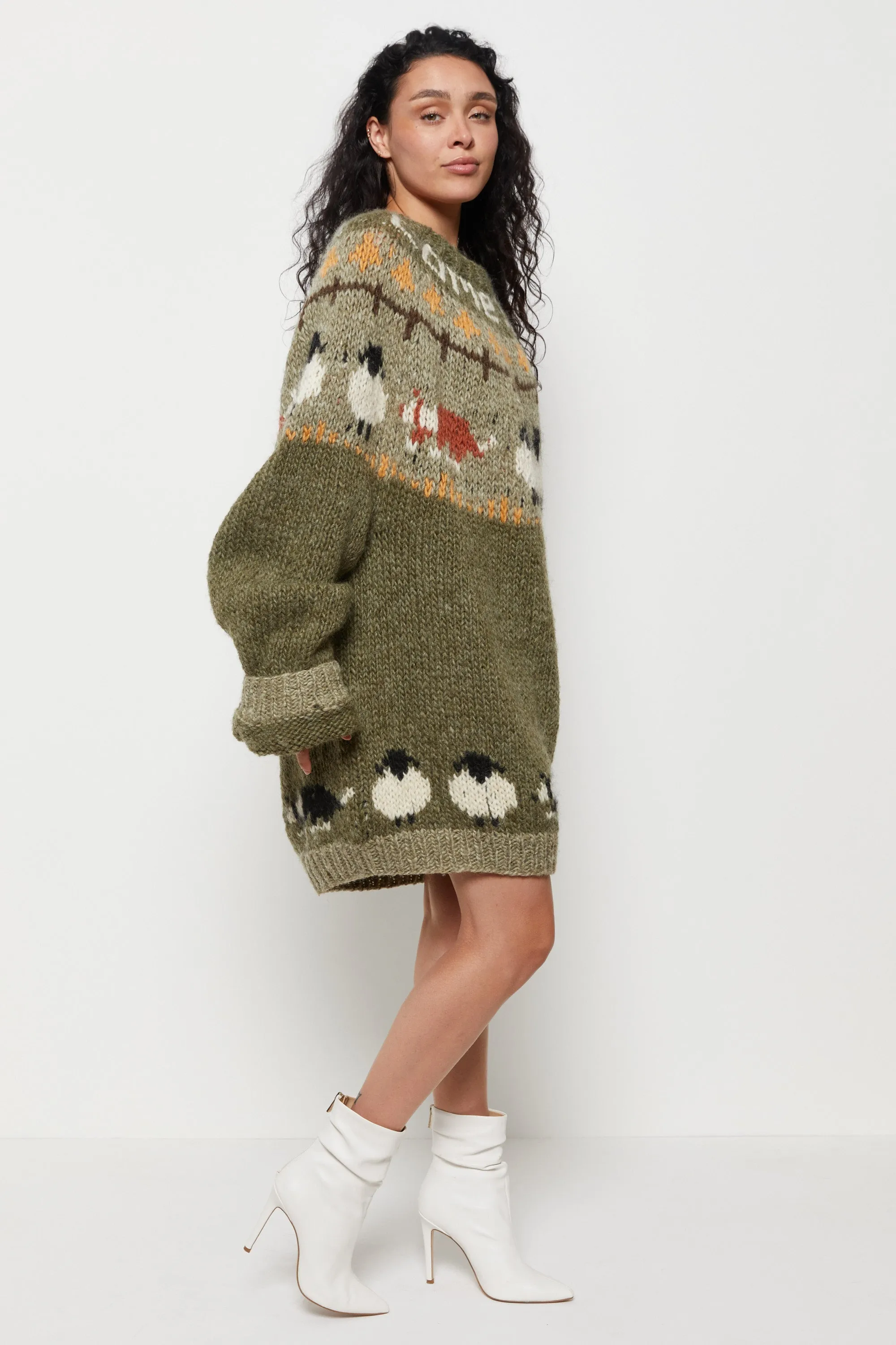 90s Olive Hand Knit Sheep Sweater XL