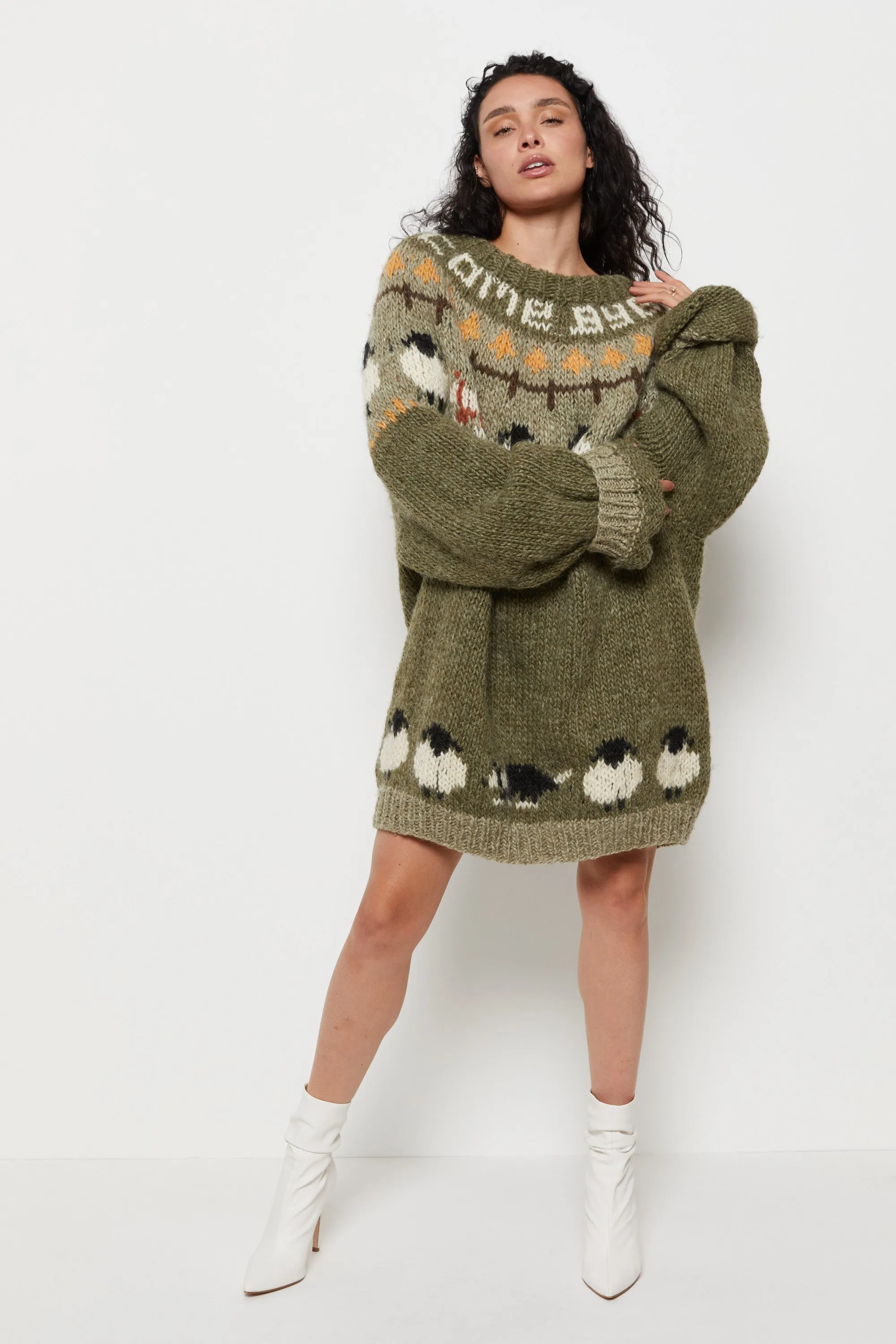 90s Olive Hand Knit Sheep Sweater XL