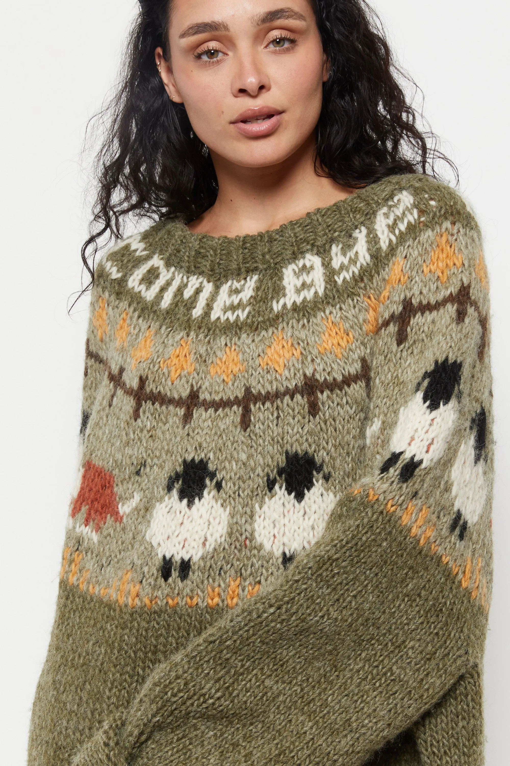 90s Olive Hand Knit Sheep Sweater XL