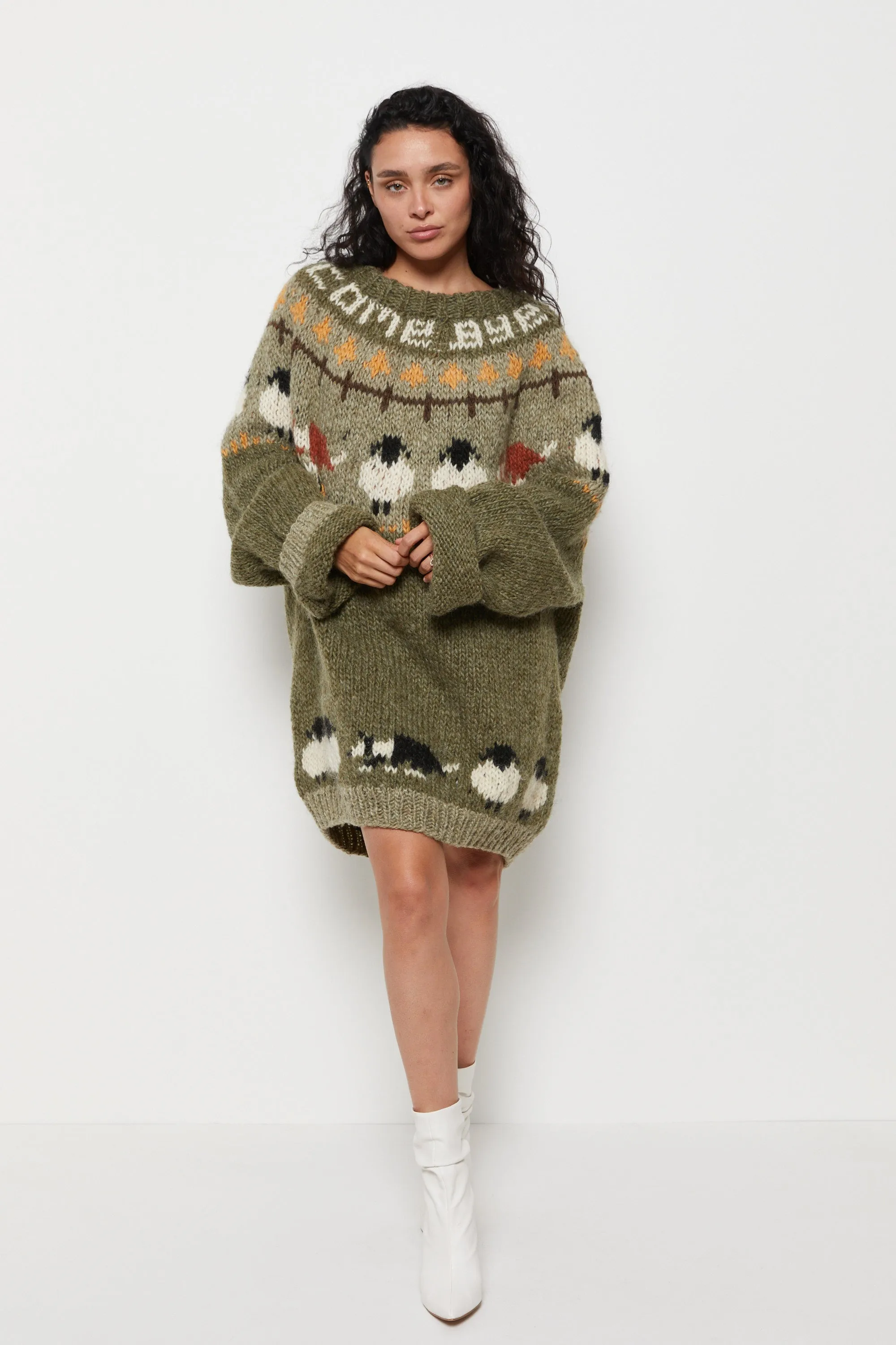 90s Olive Hand Knit Sheep Sweater XL