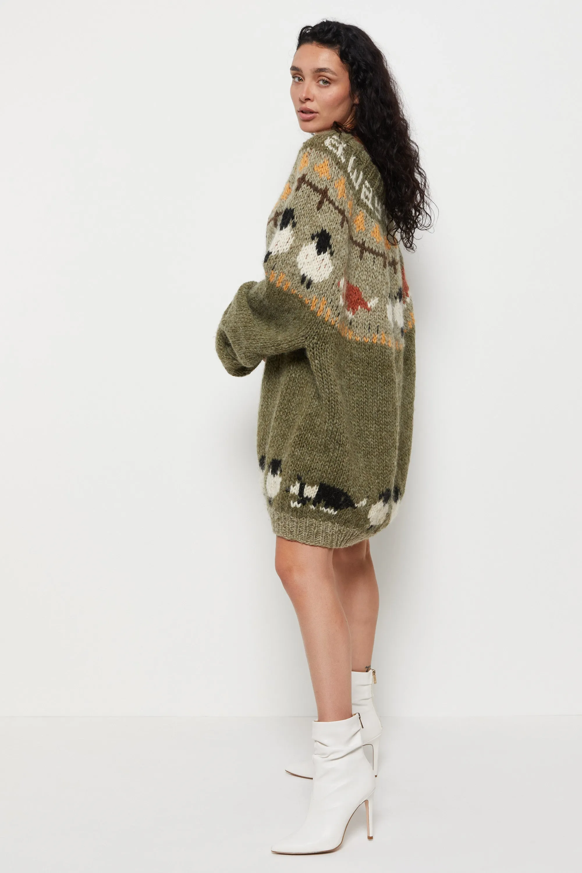 90s Olive Hand Knit Sheep Sweater XL