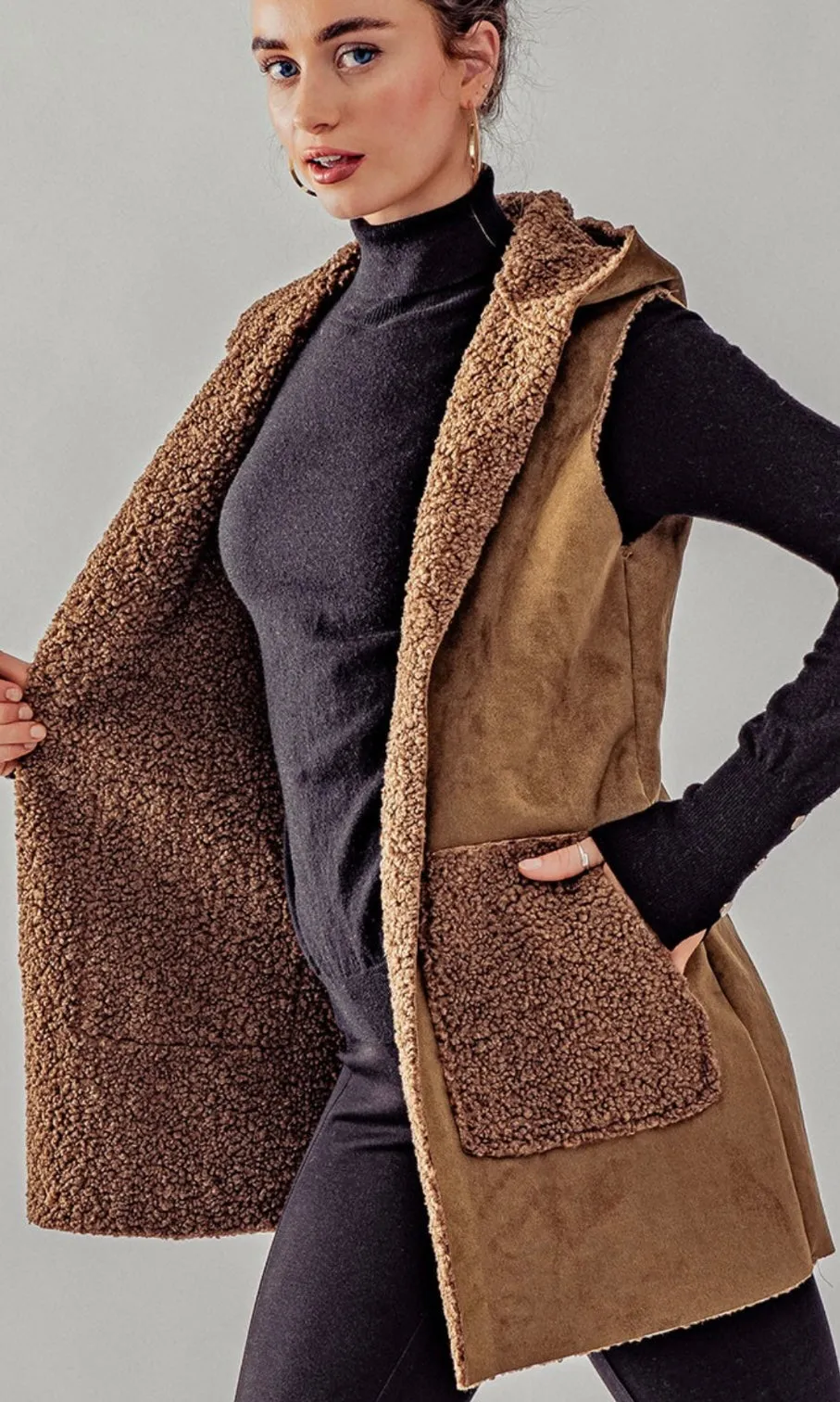 Asary Brown Vegan Suede Sherpa Lined Hoodie Vest Jacket