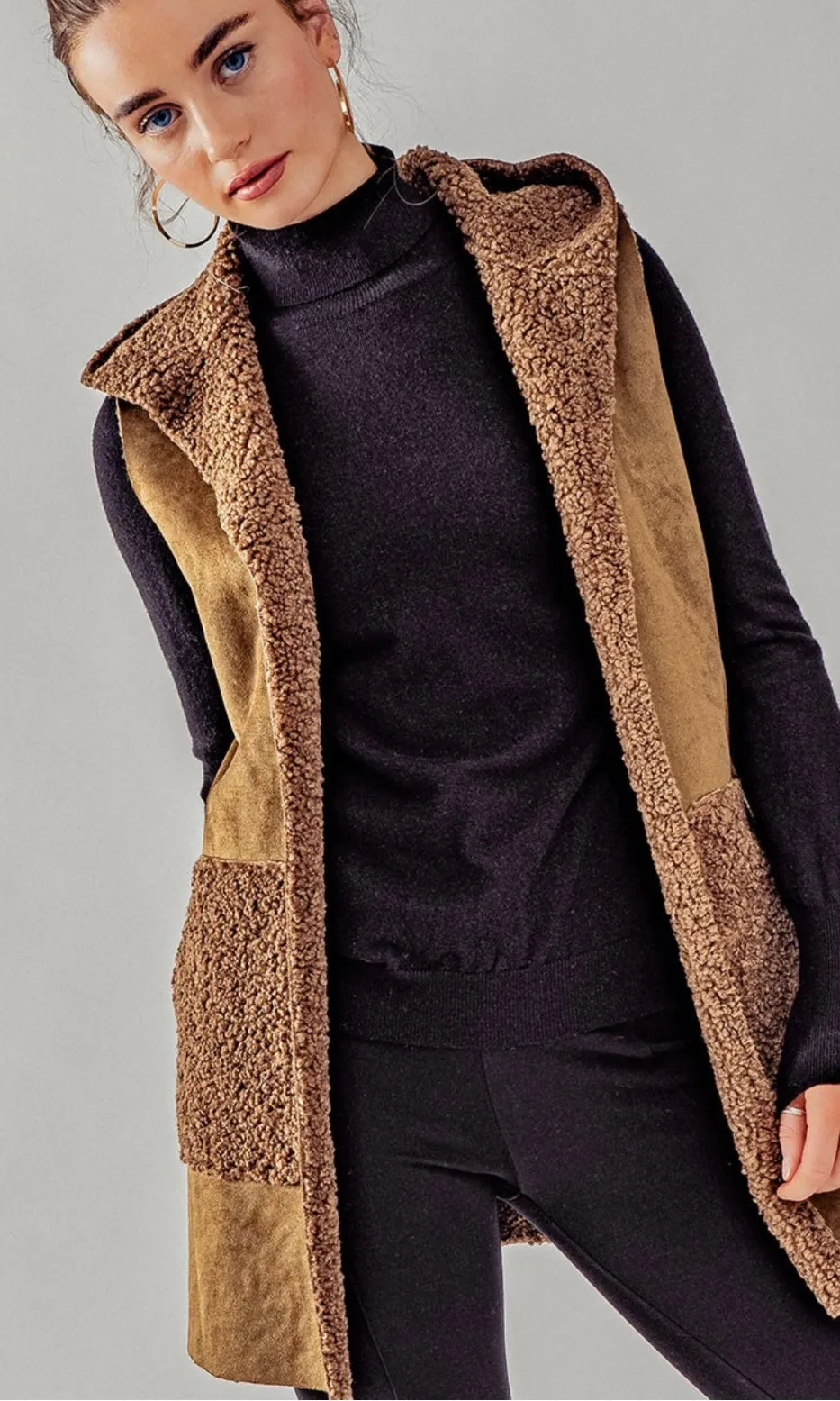 Asary Brown Vegan Suede Sherpa Lined Hoodie Vest Jacket
