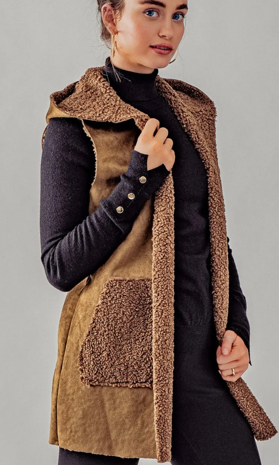 Asary Brown Vegan Suede Sherpa Lined Hoodie Vest Jacket