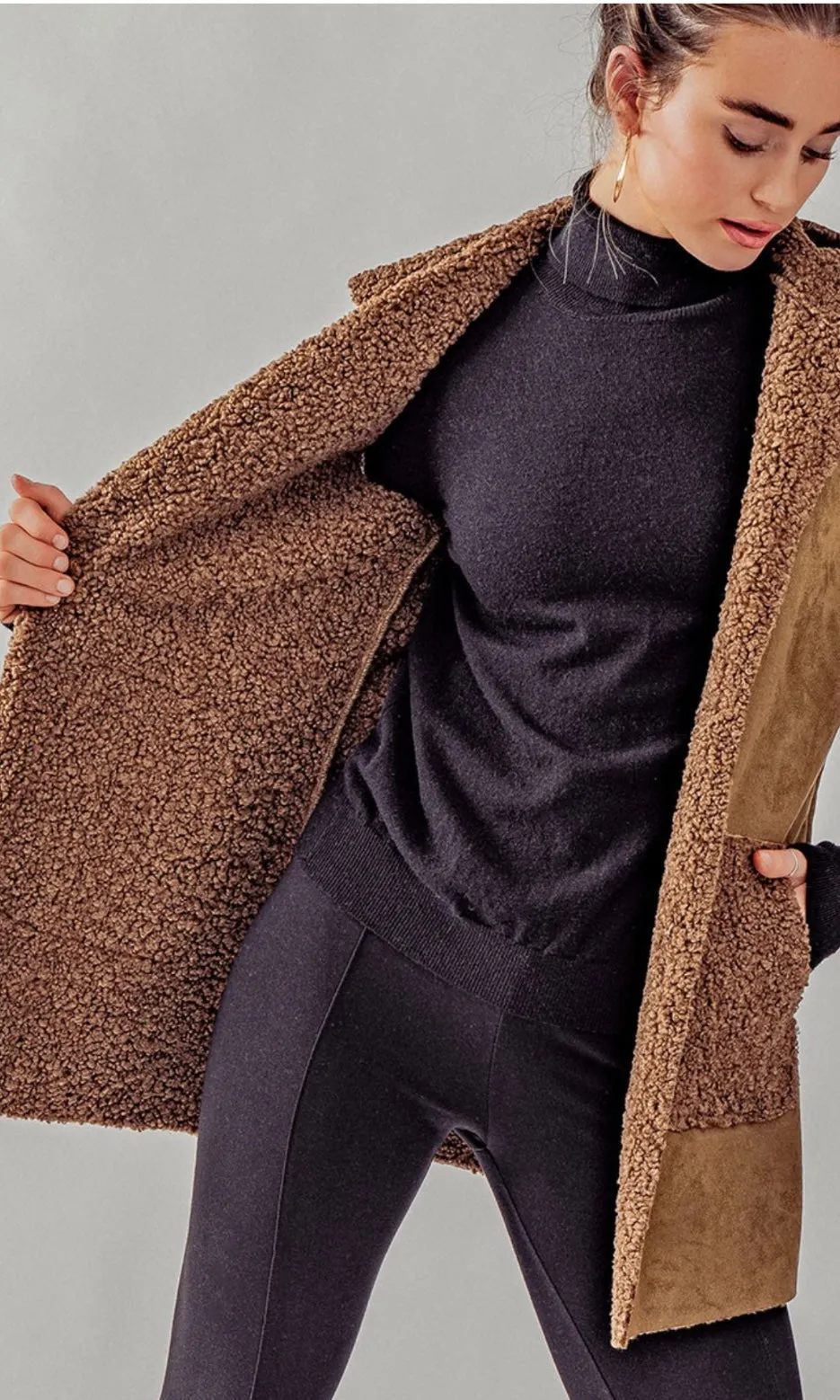 Asary Brown Vegan Suede Sherpa Lined Hoodie Vest Jacket