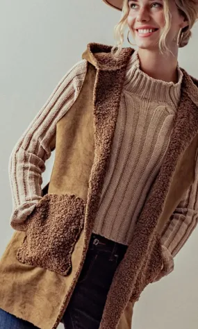 Asary Brown Vegan Suede Sherpa Lined Hoodie Vest Jacket