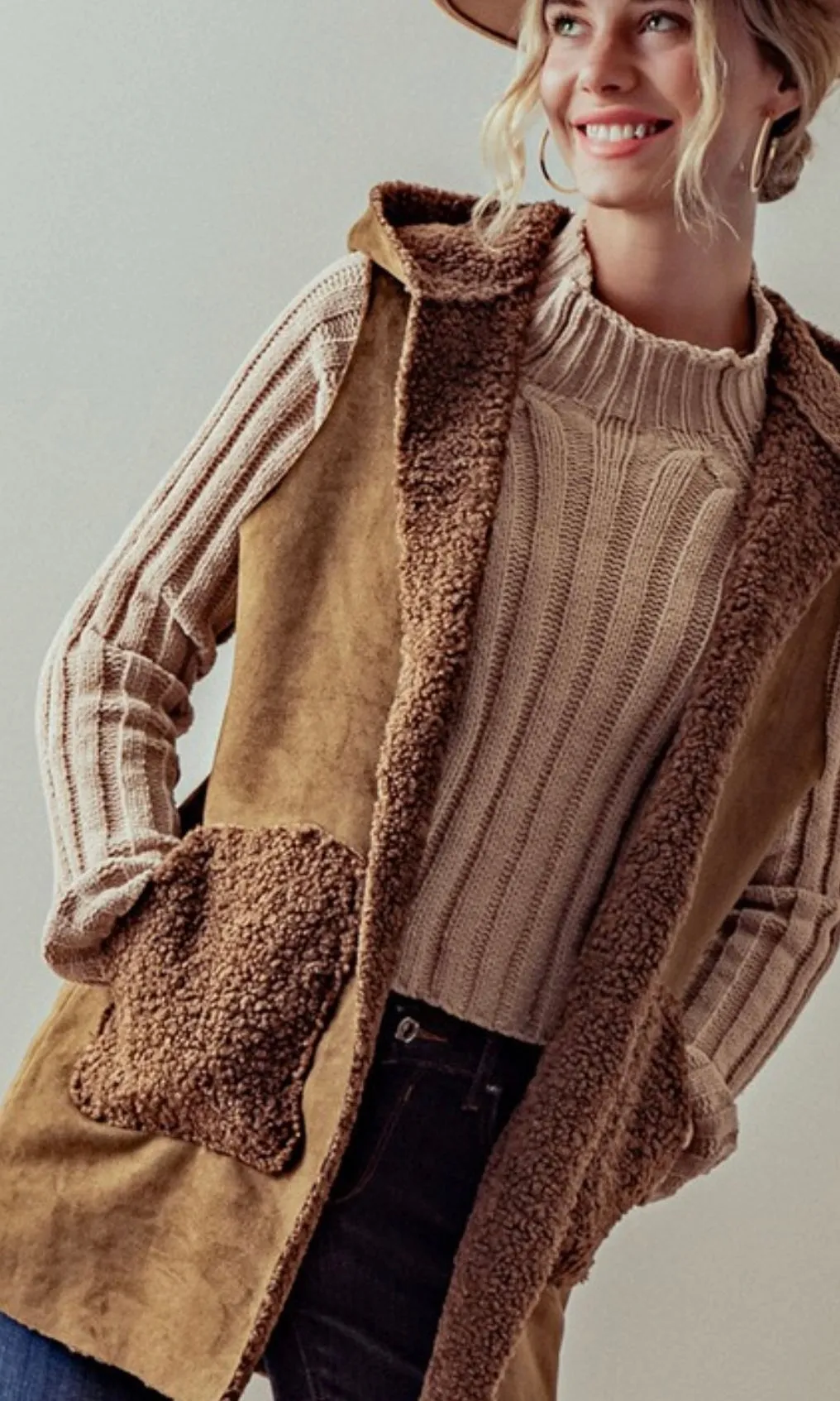Asary Brown Vegan Suede Sherpa Lined Hoodie Vest Jacket