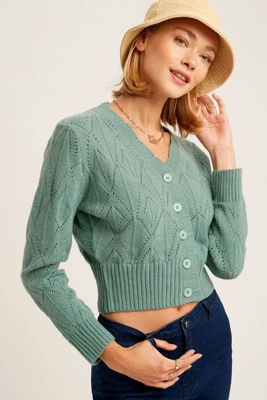Autumn Air V Neck Scallop Edge Crop Cardigan