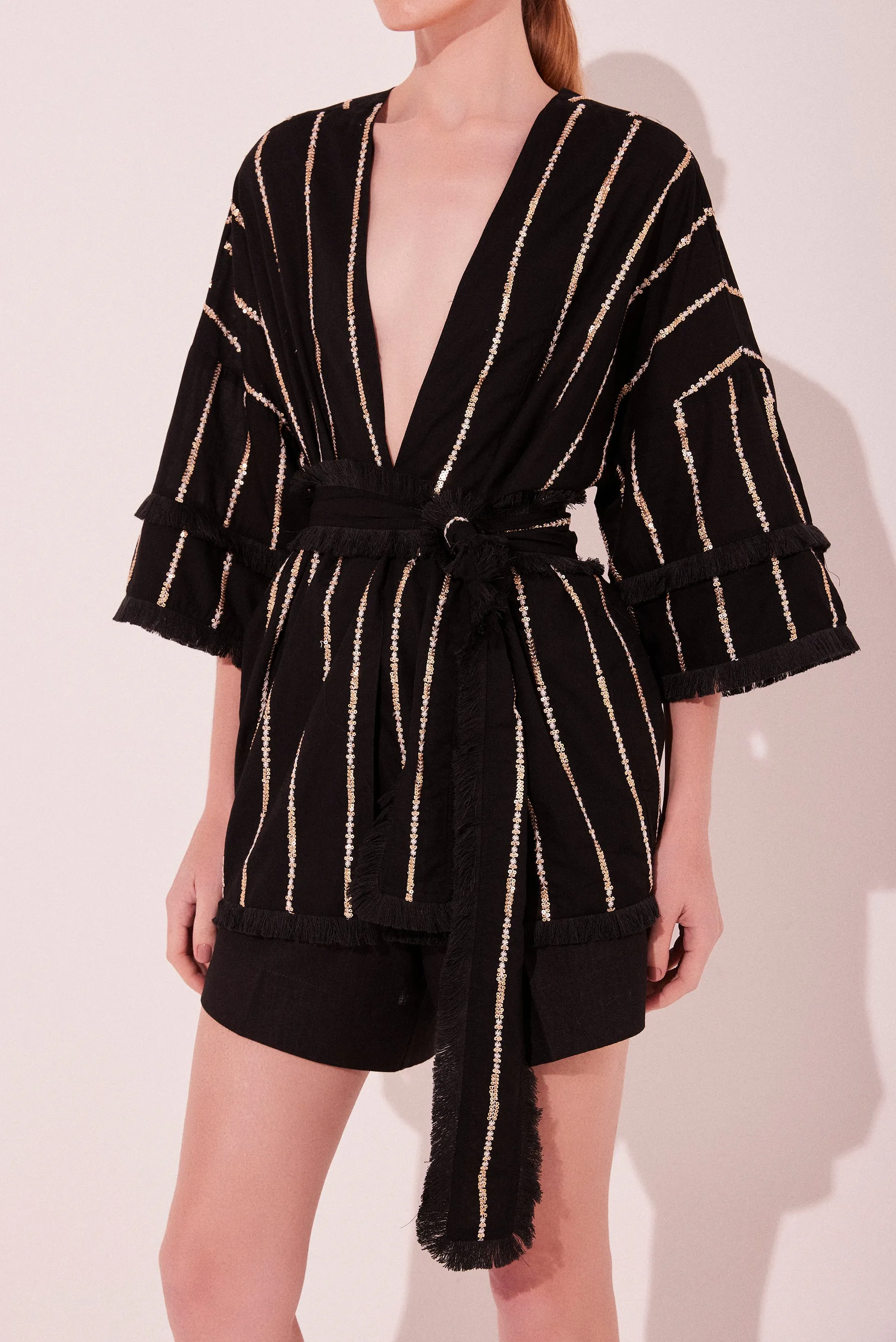 Black Lightness With Fringes Short Kimono Cape E5517A2223