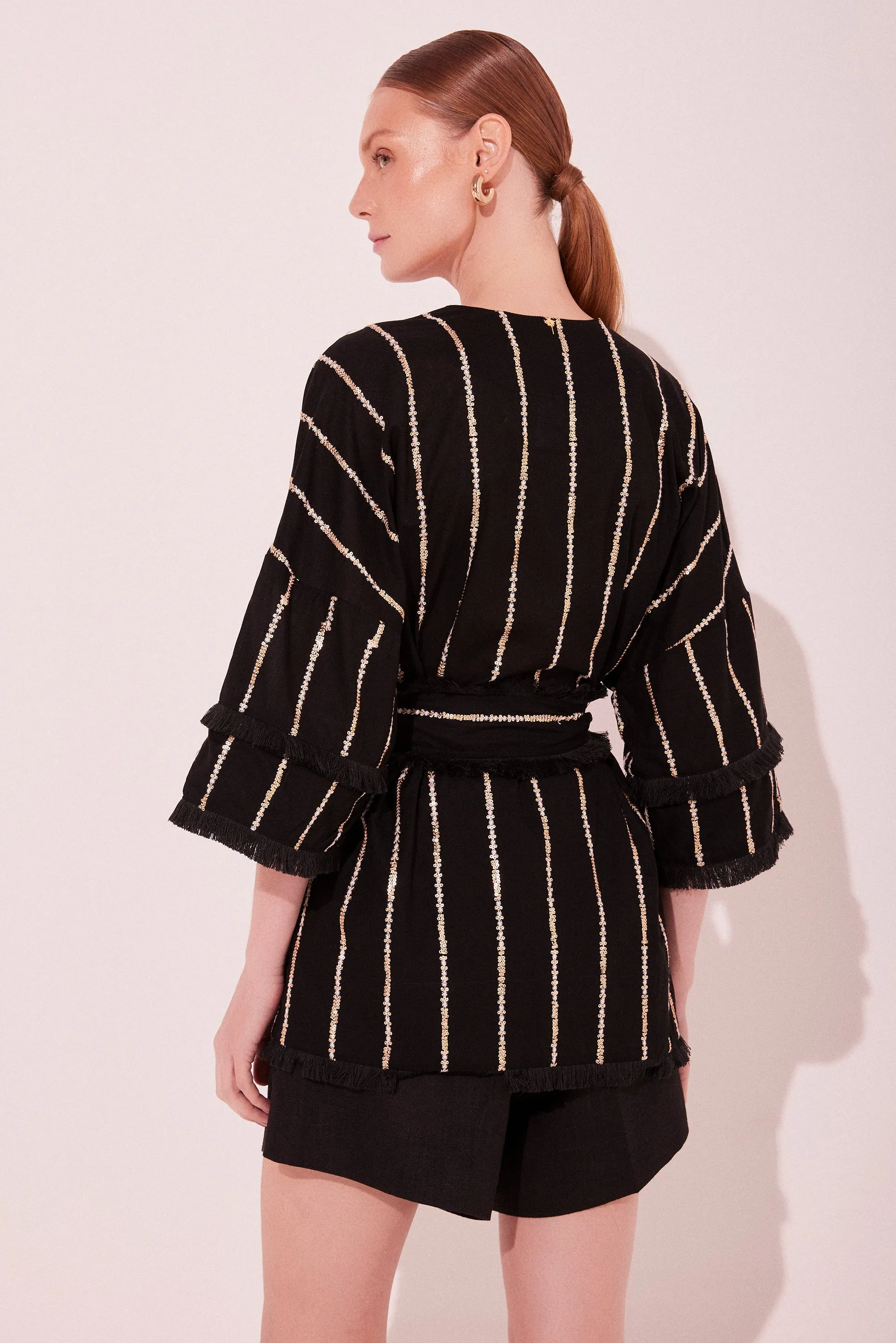 Black Lightness With Fringes Short Kimono Cape E5517A2223