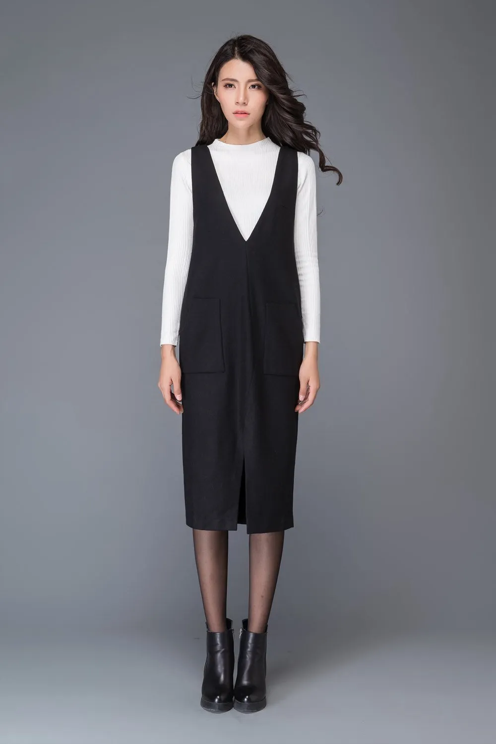 Black wool dress, strap dress, big V neck dress, winter dress, split dress, midi dress, women dresses, maxi dress, sleeveless dress C1009