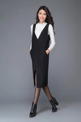Black wool dress, strap dress, big V neck dress, winter dress, split dress, midi dress, women dresses, maxi dress, sleeveless dress C1009