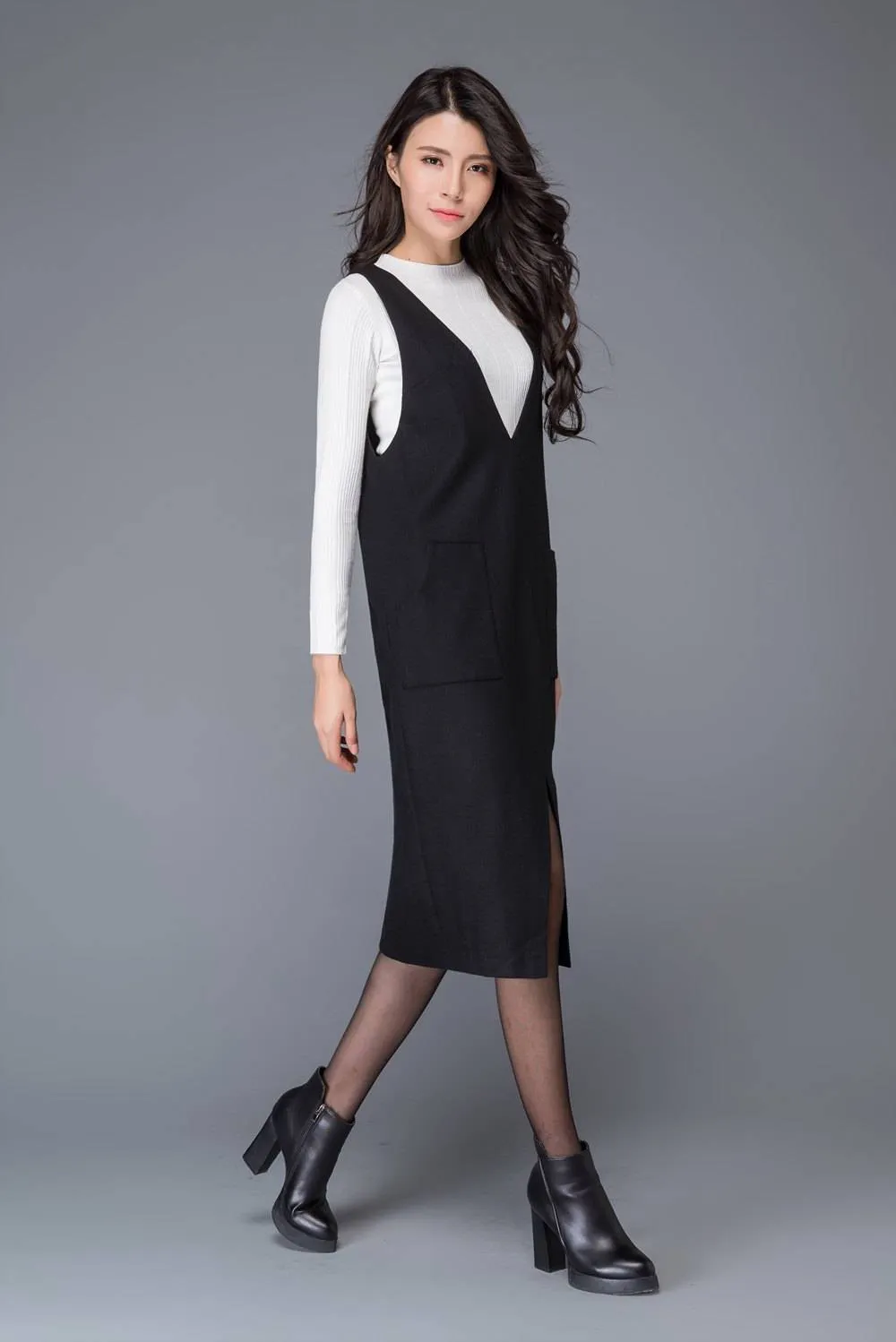 Black wool dress, strap dress, big V neck dress, winter dress, split dress, midi dress, women dresses, maxi dress, sleeveless dress C1009