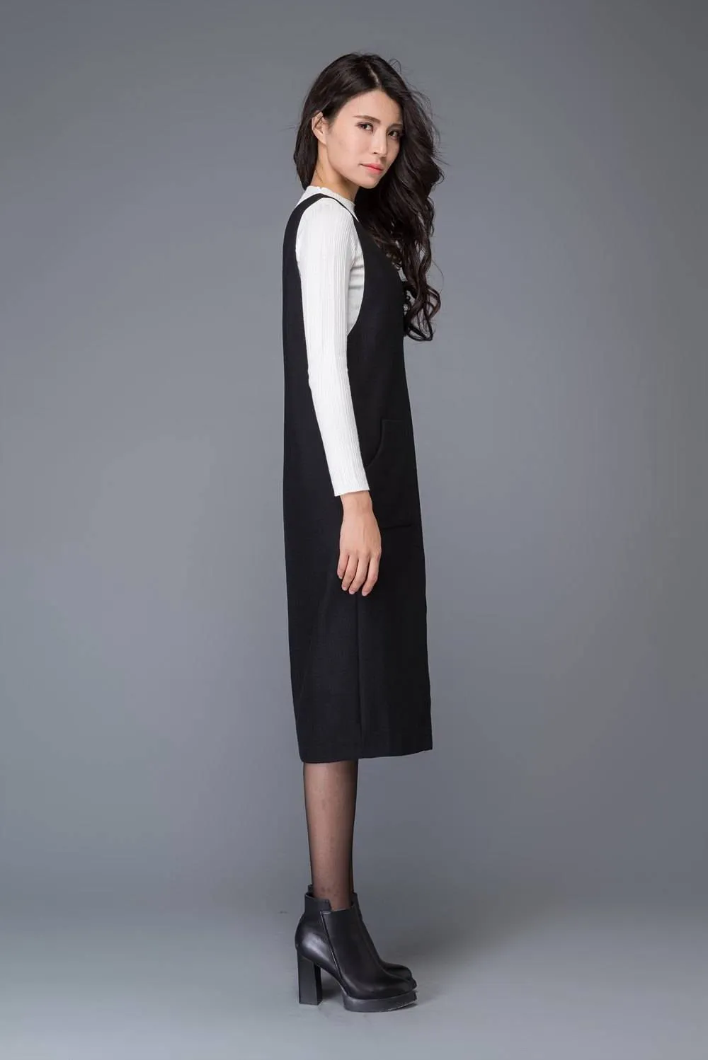 Black wool dress, strap dress, big V neck dress, winter dress, split dress, midi dress, women dresses, maxi dress, sleeveless dress C1009