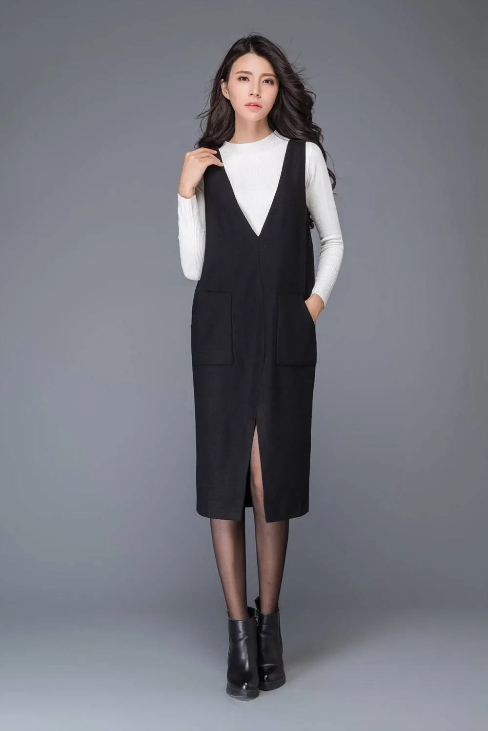 Black wool dress, strap dress, big V neck dress, winter dress, split dress, midi dress, women dresses, maxi dress, sleeveless dress C1009