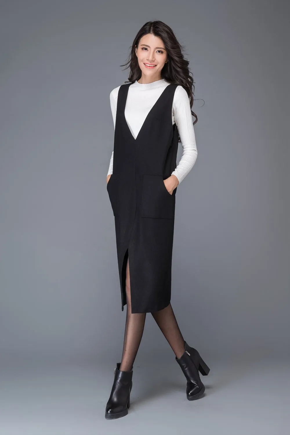 Black wool dress, strap dress, big V neck dress, winter dress, split dress, midi dress, women dresses, maxi dress, sleeveless dress C1009