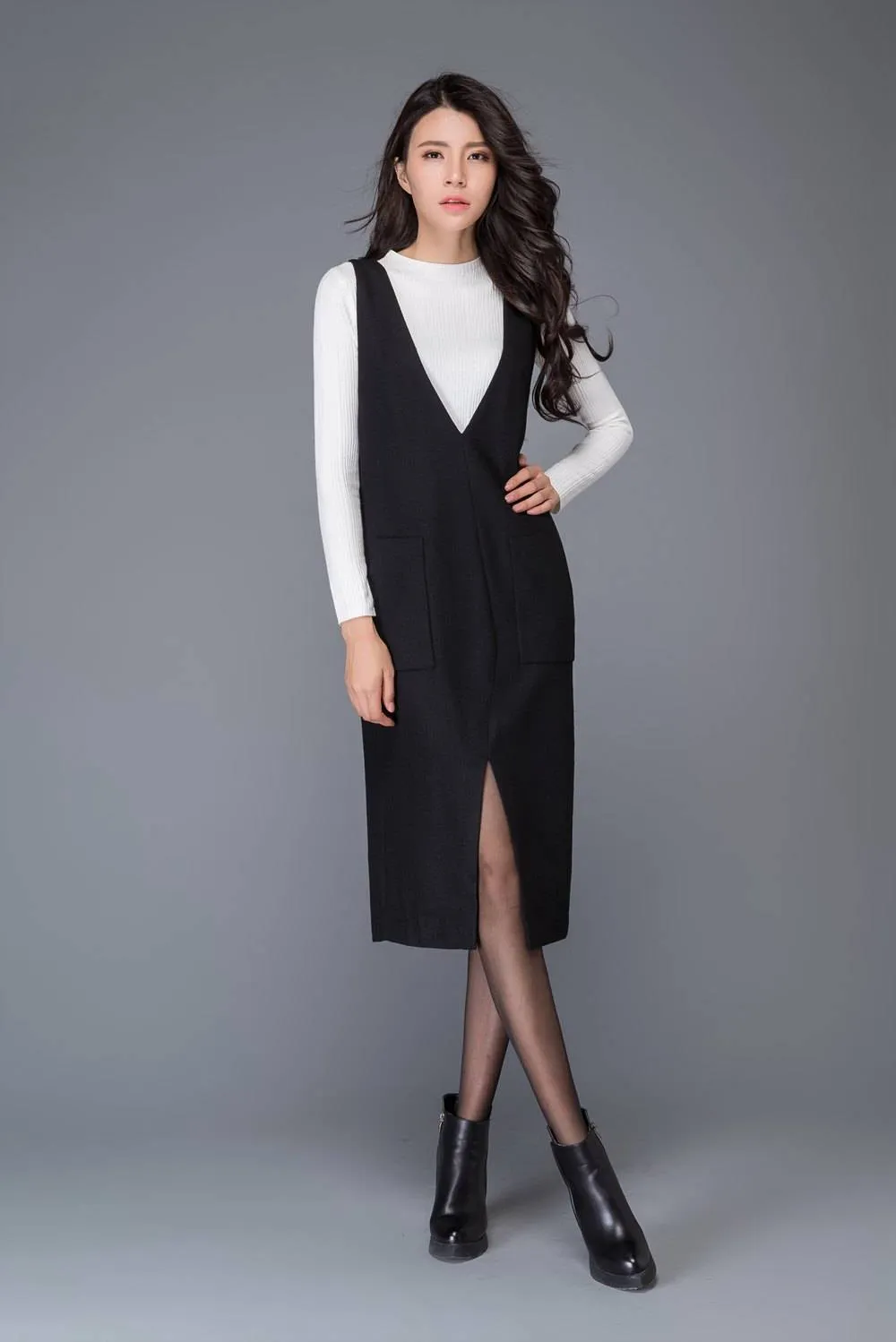 Black wool dress, strap dress, big V neck dress, winter dress, split dress, midi dress, women dresses, maxi dress, sleeveless dress C1009