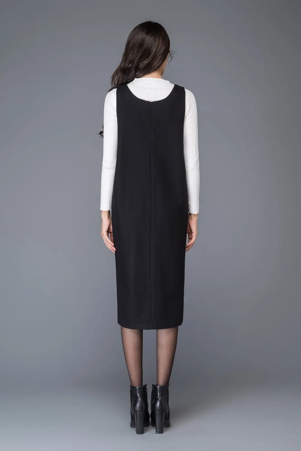 Black wool dress, strap dress, big V neck dress, winter dress, split dress, midi dress, women dresses, maxi dress, sleeveless dress C1009