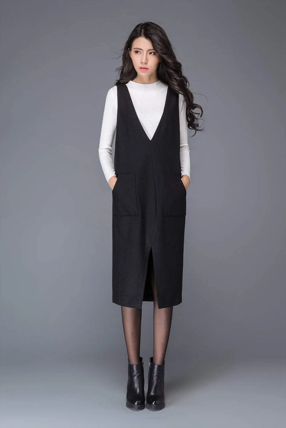 Black wool dress, strap dress, big V neck dress, winter dress, split dress, midi dress, women dresses, maxi dress, sleeveless dress C1009
