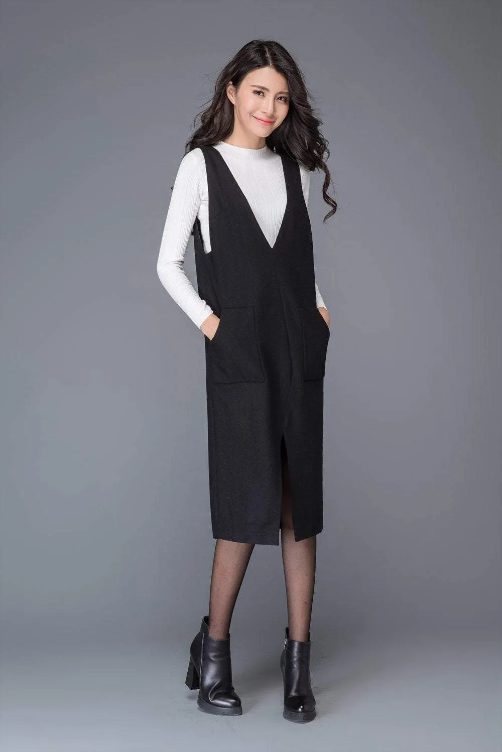 Black wool dress, strap dress, big V neck dress, winter dress, split dress, midi dress, women dresses, maxi dress, sleeveless dress C1009