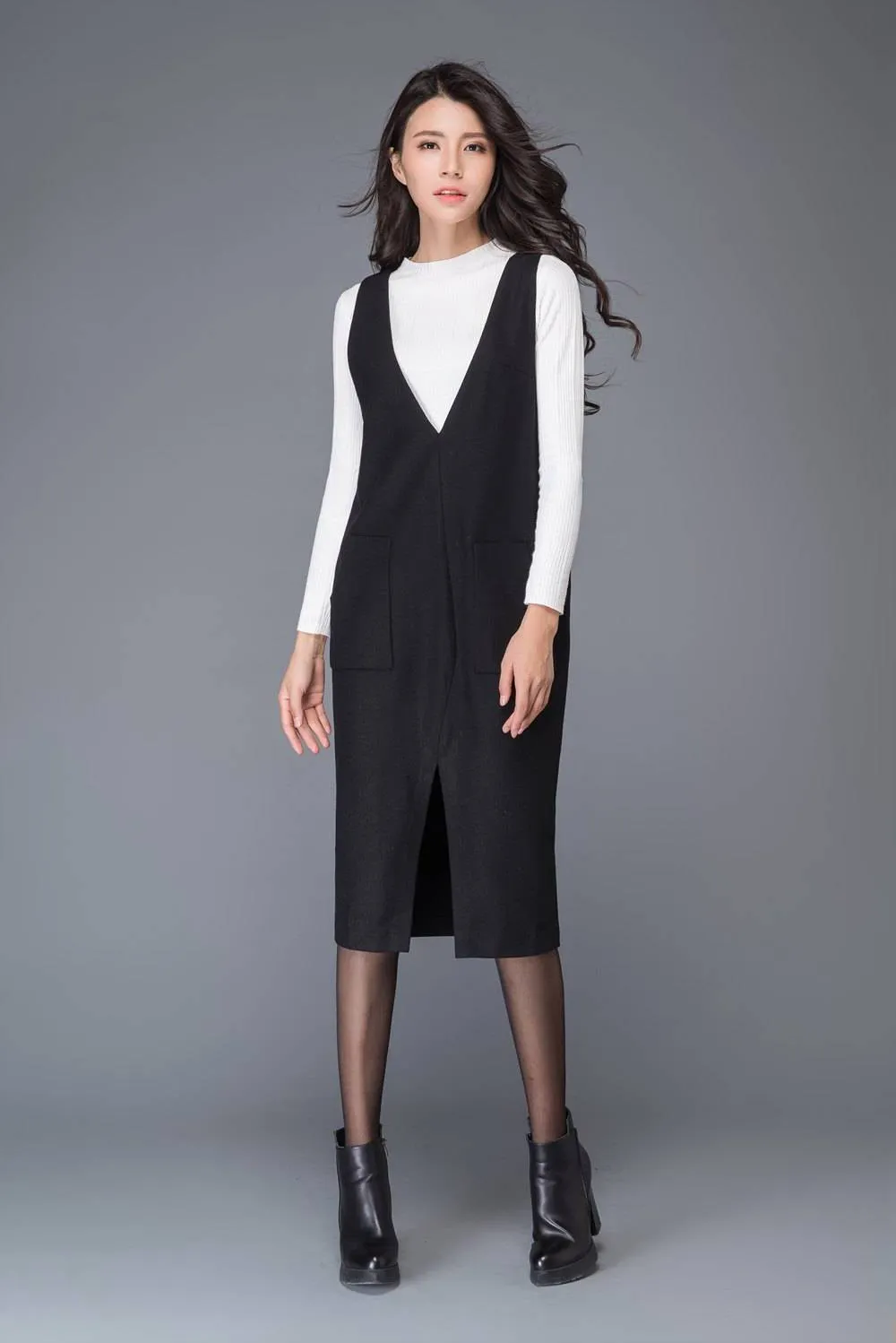 Black wool dress, strap dress, big V neck dress, winter dress, split dress, midi dress, women dresses, maxi dress, sleeveless dress C1009