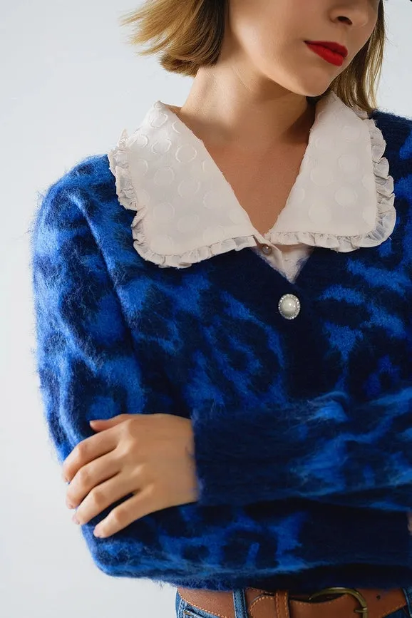 Blue Leopard Print Cardigan Made of Knitted Fabric with Wool