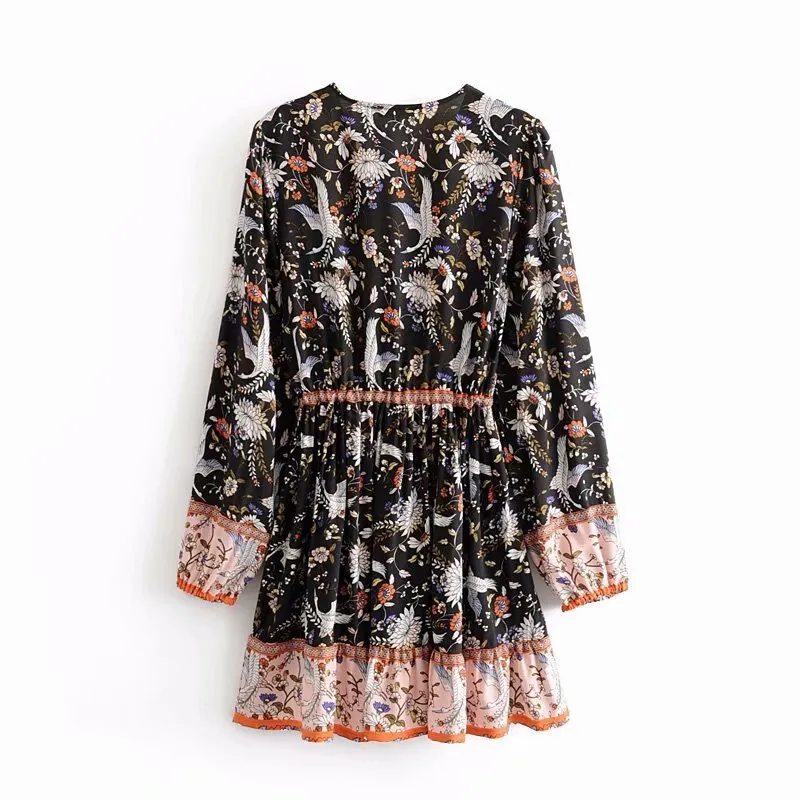 Boho Queen: Crane Flower Print Dress