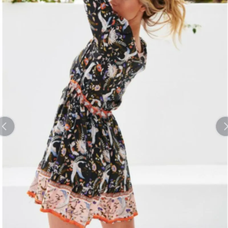 Boho Queen: Crane Flower Print Dress