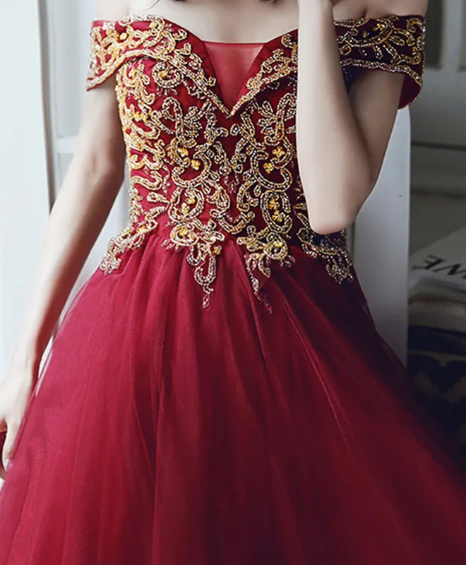 Burgundy Tulle Sequin Off Shoulder Long Prom Dress Burgundy Evening Dress
