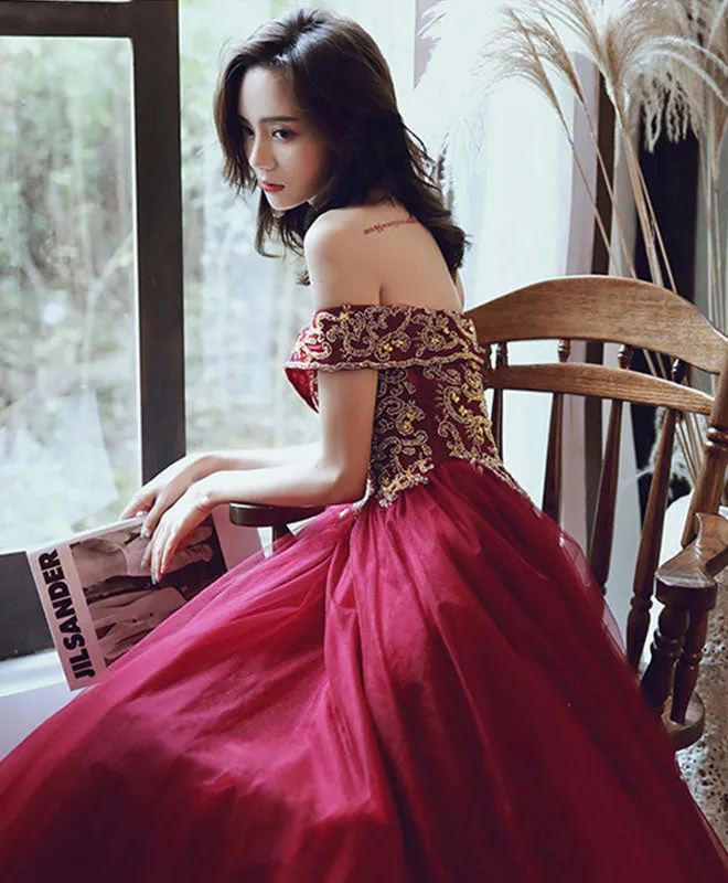 Burgundy Tulle Sequin Off Shoulder Long Prom Dress Burgundy Evening Dress
