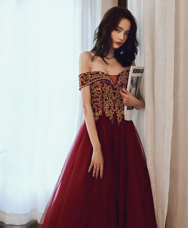Burgundy Tulle Sequin Off Shoulder Long Prom Dress Burgundy Evening Dress