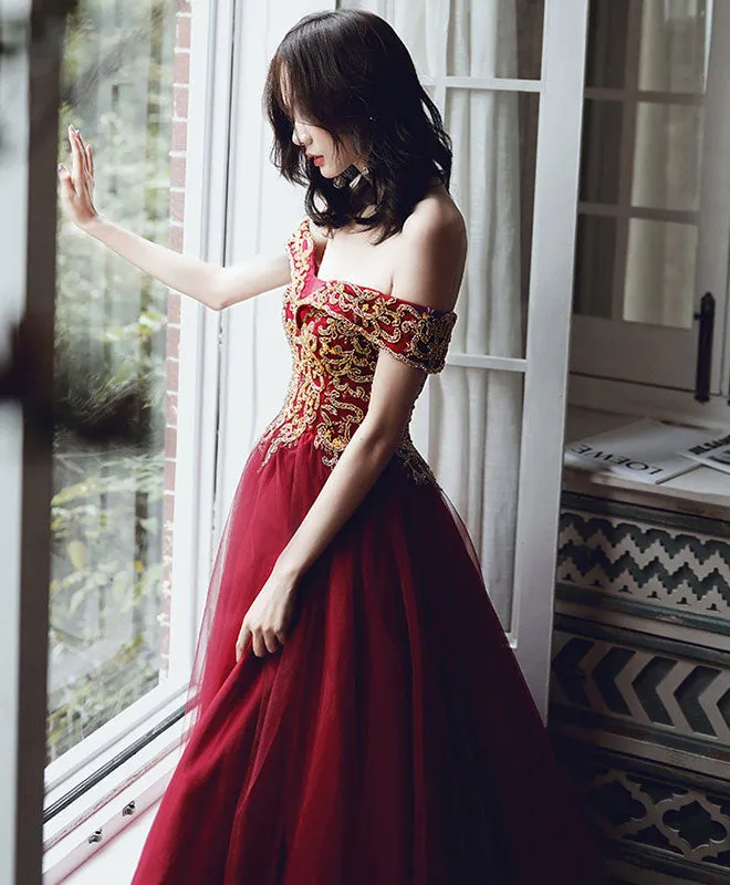 Burgundy Tulle Sequin Off Shoulder Long Prom Dress Burgundy Evening Dress