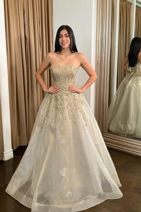 Champagne Strapless Lace Long Prom Dress