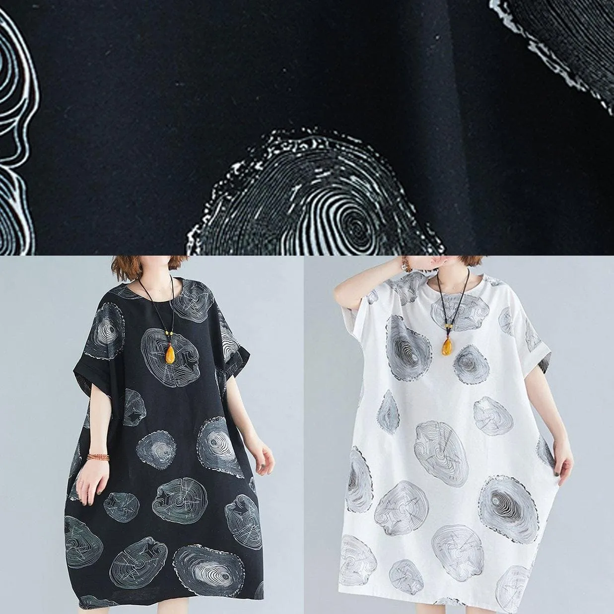 Classy black print Cotton clothes o neck baggy Knee summer Dresses