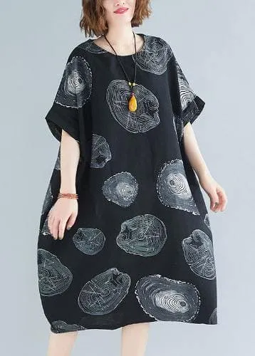 Classy black print Cotton clothes o neck baggy Knee summer Dresses