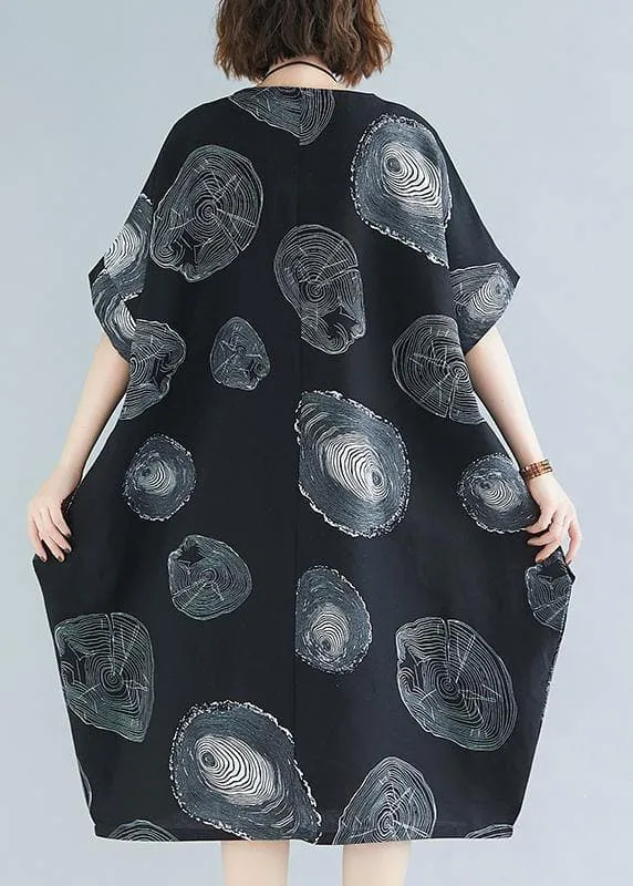 Classy black print Cotton clothes o neck baggy Knee summer Dresses