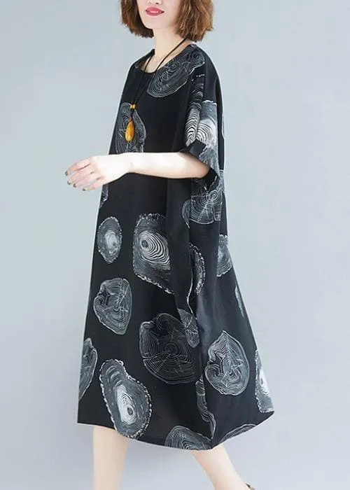 Classy black print Cotton clothes o neck baggy Knee summer Dresses