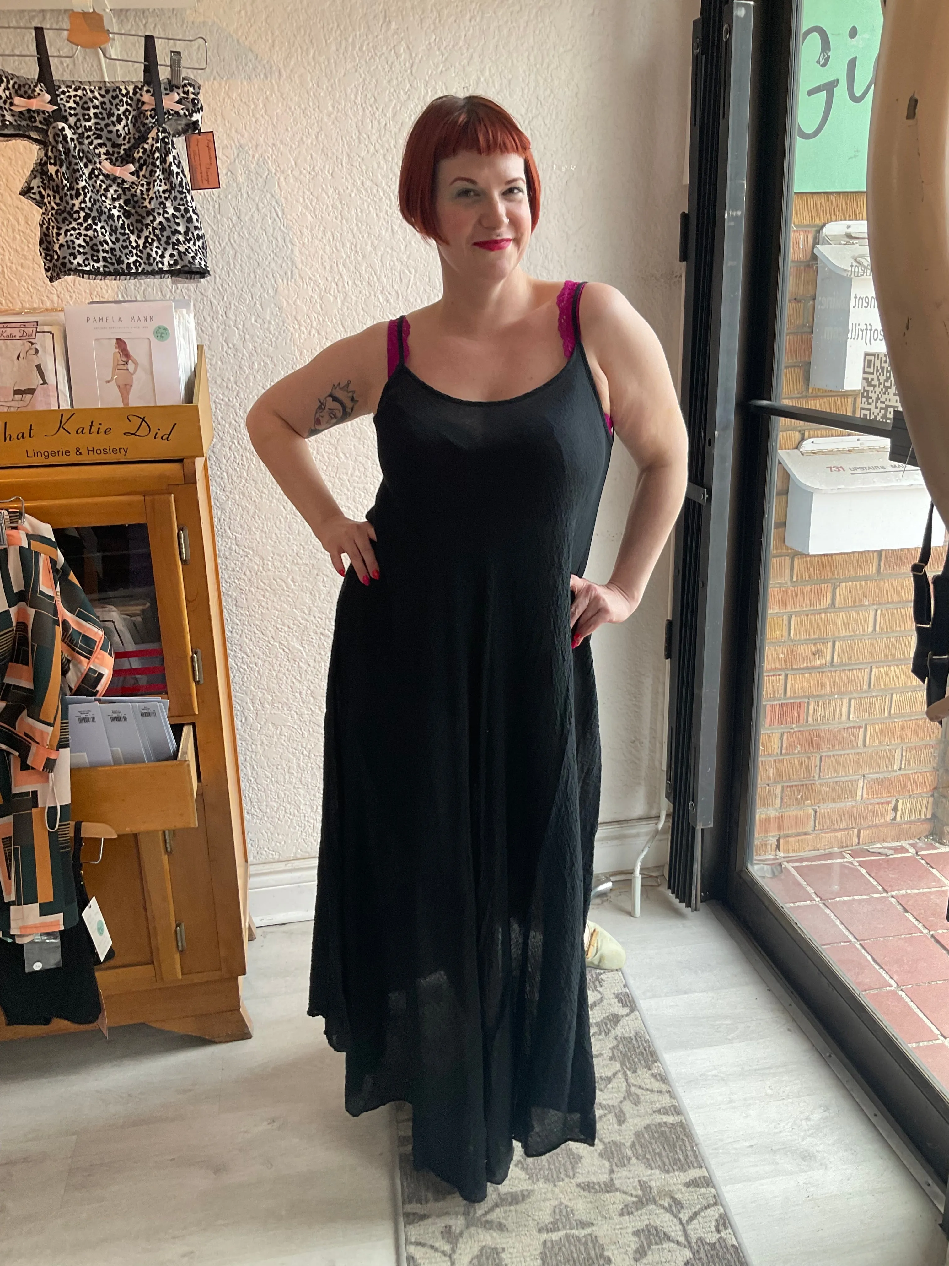 Crinkle Cotton Long Dress in Black,Fuchsia, Turquoise & Denim By Eternelle - S-XL(  )