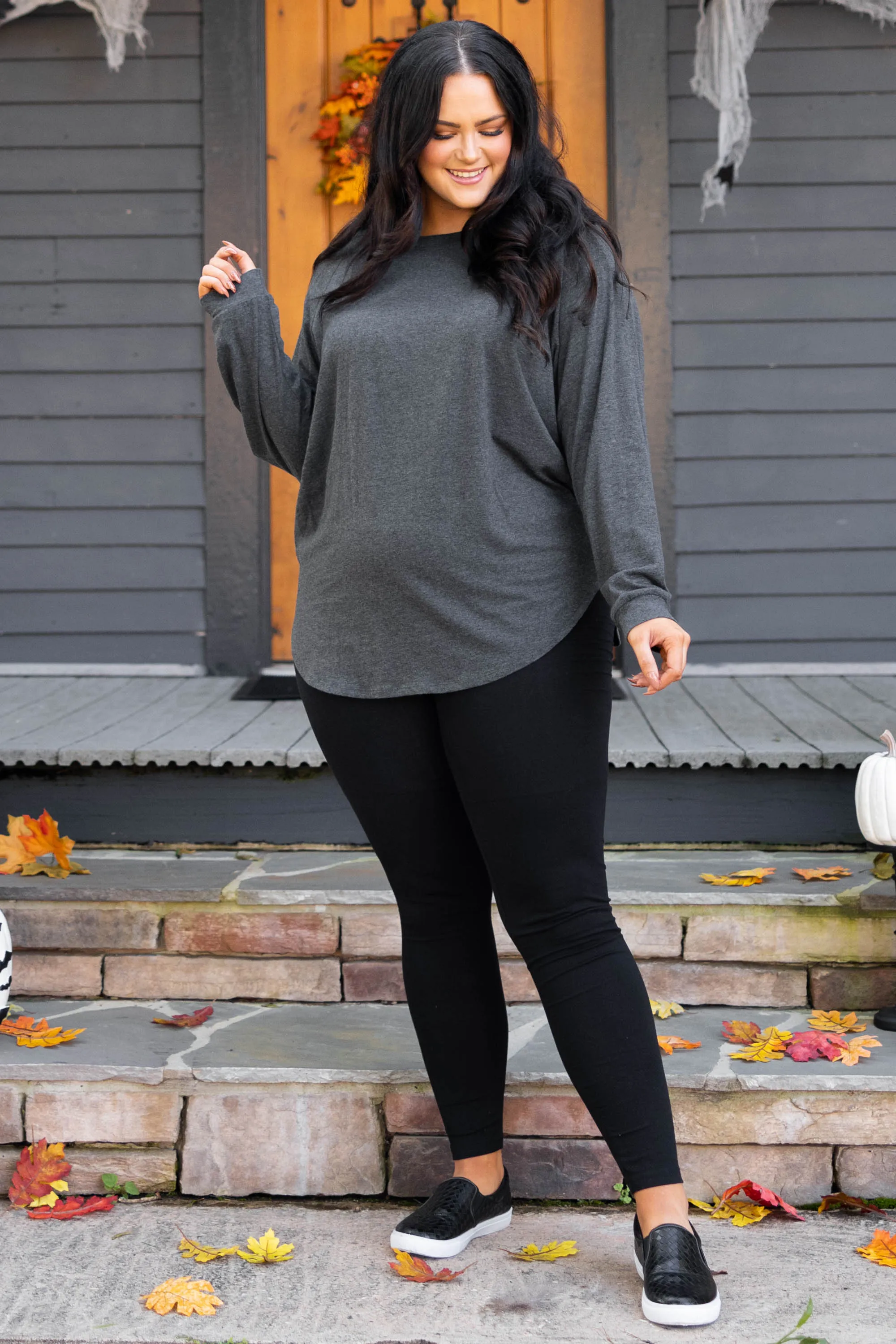 Curved Hem Slouchy Dolman Tunic, Charcoal