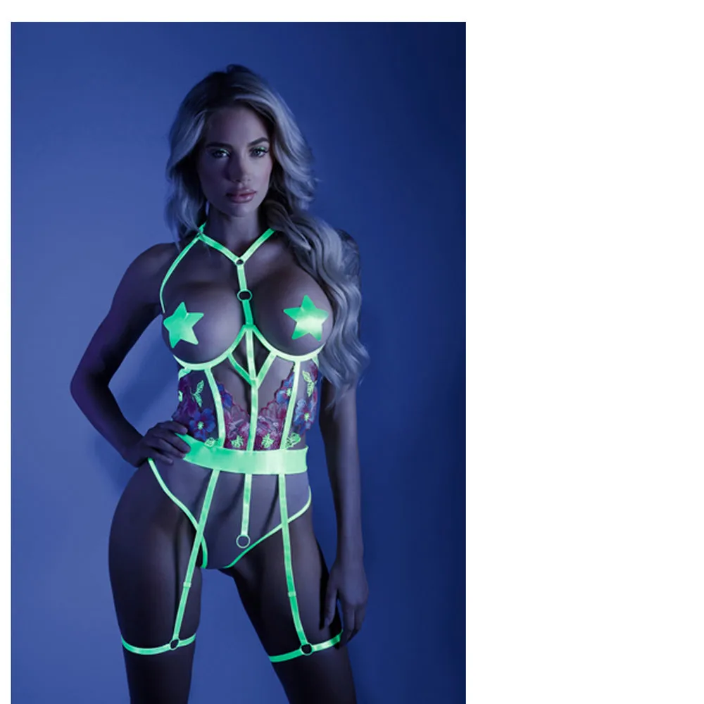 Fantasy Lingerie Glow In A Trance Open-Cup Crotchless Teddy Neon Chartreuse S/M