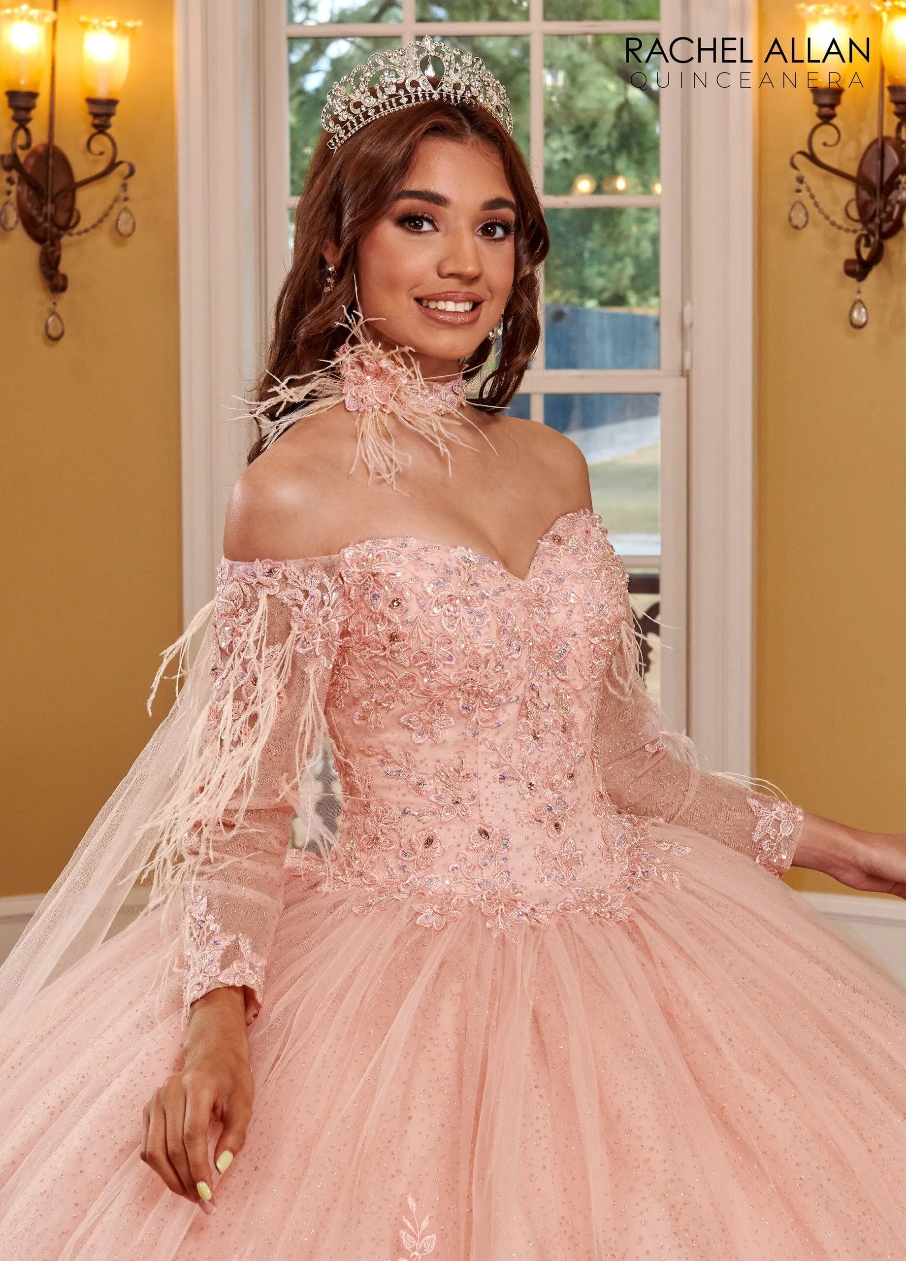 Feather Cape Sleeve Quinceanera Dress by Rachel Allan RQ2167