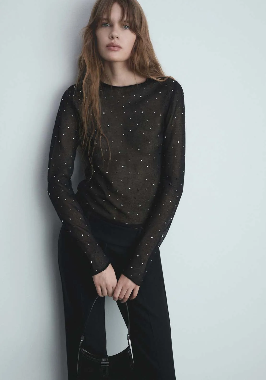 Fine-knit sweater with rhinestones - Black